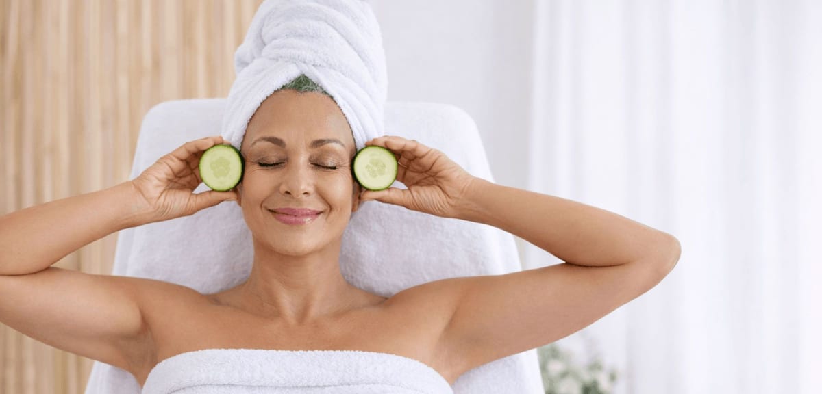 A client relaxing, cucumber slices over her ears