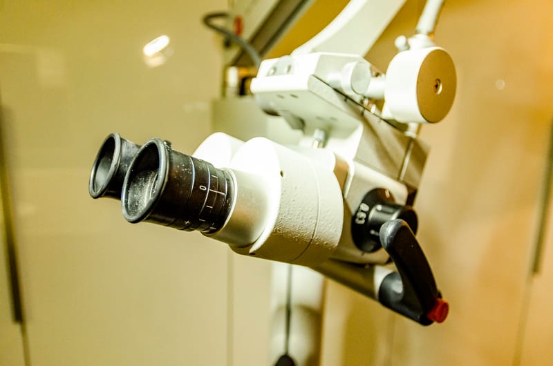 A surgical binocular microscope